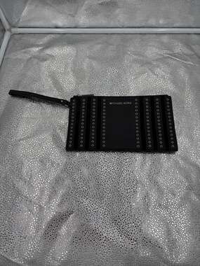 Michael Kors Black Leather Wristlet with Grommet Stud Detail